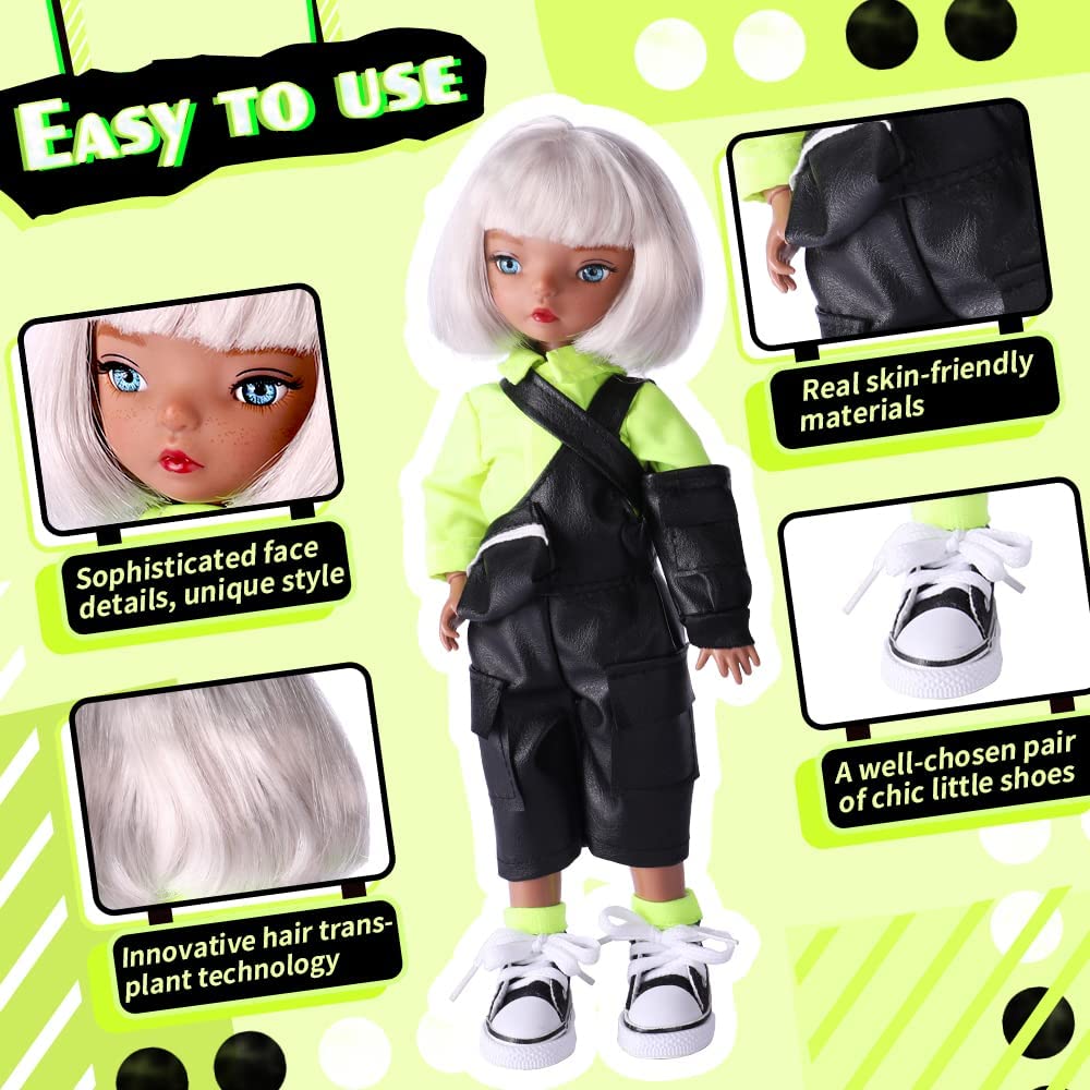 QUEBAN Doll by Sileas-Poseable Fashion Doll with Black Overalls and Short White Hair,A Pair of Designer Recommended Interchangeable Hand,Great Gift for Kids 6-12 Years Old and Collectors-11 ?in