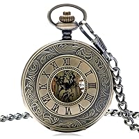 Bronze Bronze Mechanical Pocket Watch Skeleton Chain Roman Numerals Vintage Pendant Strap 30 cm Chain