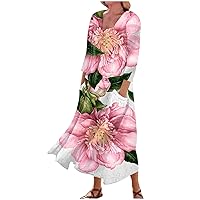 Beach Dresses for Women,Women's Round Neck Casual Floral Print Dress Three Quarter Sleeves Slim Fit Dress Cotton Pocket Dress