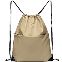 BuyAgain Drawstring Backpack Sports Water Resistant String Bag Sport Gym Sackpack for Women Men Large with Zipper, Khaki