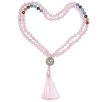 Nupuyai 108 Mala Prayer Beads Necklace for Women Men, 7 Chakra Crystal Stone Long Wrap Necklace with Tassel OM Charm Yoga Meditation Reiki Quartz Jewelry pink