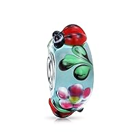 Bling Jewelry Mixed Garden Insect Ladybug Butterfly Bumble Bee Flower Lamp Work Murano Glass .925 Sterling Silver Core Spacer Bead Fits European Charm Bracelet For Women