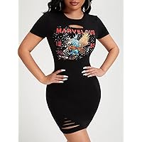 Women Dresses Eagle & Letter Graphic Ripped Bodycon Dress (Color : Black, Size : Large)