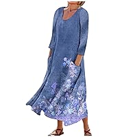 3/4 Sleeve Dresses for Women Summer Boho Beach Sundresses Flowy Maxi Dresses Casual Printed Long Dress with Pockets