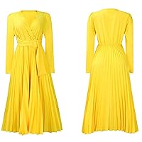 Yellow Dress Women Plus Size,Women Long Dress Spring Dresses V Neck Long Sleeve Pleated Midi Dress with Belt Fi
