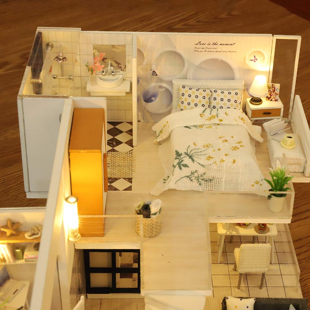 GuDoQi DIY Miniature Dollhouse Kit, Tiny House kit with Furniture and Music, Miniature House Kit 1:24 Scale, Great Handmade Crafts Gift for Birthday Halloween, Simple Life House
