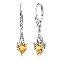 Gem Stone King 925 Sterling Silver Yellow Citrine White Created Sapphire and White Lab Grown Diamond Drop Dangle Earrings For Women (2.53 Cttw, Heart Shape 7MM, Round 4MM)