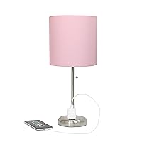 Simple Designs LT2024-LPK-2PK Two Pack Brushed Steel Stick Table Desk Lamp Set with Charging Outlet and Drum Fabric Shade for Living Room, Hallway, Nightstand, Office, Light Pink Shade
