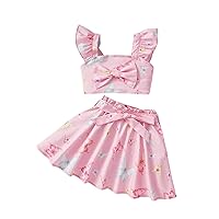 Girl's 2 Piece Outfit Butterfly Print Ruffle Sleeve Bow Front Crop Top and Belted Skirt Set