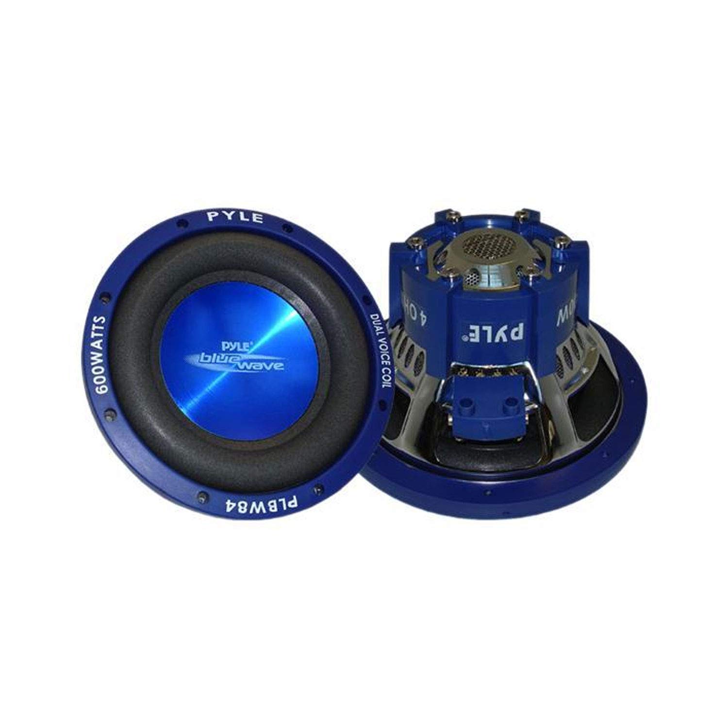 Pyle Car Vehicle Subwoofer Audio Speaker - 8 Inch Blue Injection Molded Cone, Blue Chrome-Plated Plastic Basket, Dual Voice Coil 4 Ohm Impedance, 600 Watt Power, Vehicle Stereo Sound System PLBW84