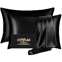 Silk Pillow Cases 2 Pack, Mulberry Silk Pillowcases Standard Set of 2, Health, Smooth, Anti Acne, Beauty Sleep, Both Sides Natural Silk Satin Pillow Cases for Women 2 Pack with Zipper for Gift, Black
