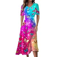 Summer Dresses for Women Trendy Short Sleeve Dress Flowy Floral Printed Waist Maxi Dress V Neck Swing Long Dress