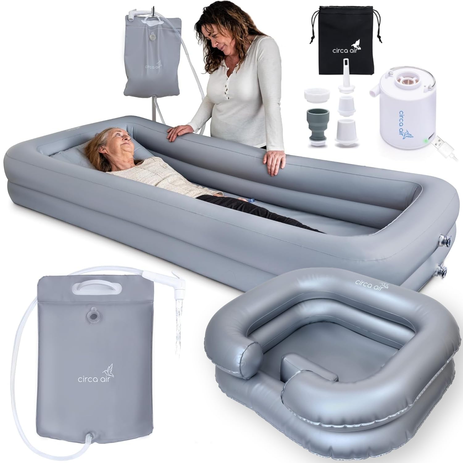 CIRCA AIR Bundle - Inflatable Bathtub and Hair Washing Basin with Shower Bag and Mini Pump - Portable Wash Station for Bedridden and Elderly
