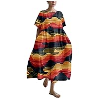 Plus Size Japanese Art Dress for Women 2024 Stripe Soft Oversized Crewneck Ruffle Hem Solid Summer Dresses