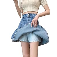 Women's Spring and Summer Denim Skirt High Waisted Ruffled Elegant Lined Large Stretch Mini Jean Skirt