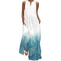 Beach Clothes,Women's Summer V-Neck Dress Split Hem Baggy Kaftan Long Maxi Dress Print Cotton Linen Dresses