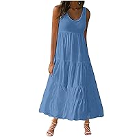 Tiered Ruffle Maxi Sundress Women Summer Sleeveless Scoop Neck A-Line Dress 2024 Casual Loose Fit Beach Tank Dresses