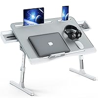 Foldable Laptop Bed Tray Desk, Adjustable Laptop Bed Table with Heights and Angles, Upgraded-Sturdy Laptop Lap Desk for Bed/Sofa/Couch/Floor, Lap Tablet Desk with 2 Drawers (Grey)
