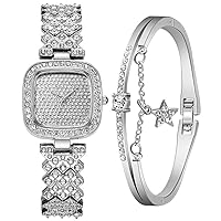 Womens Wrist Watch Crystal Rhinestone Diamond Watches Fashion Ladies Square Watch Bracelet Set