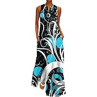 Women's Spring and Autumn Printed V Neck Skirt with Pockets Large Swing Dress Flowy Casual Comfy Maxi Dresses Plus Size