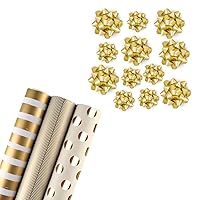 WRAPAHOLIC [2-PACK] Gold Print Wrapping Paper Set and Gold Gift Bows - For Wedding, Birthday, Baby Shower