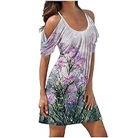 Prime Sales and Deals Today Summer Dresses for Women 2024 Cold Shoulder Short Sleeve A-Line Casual T-Shirt Dress Plus Size Swing Cute Mini Dress