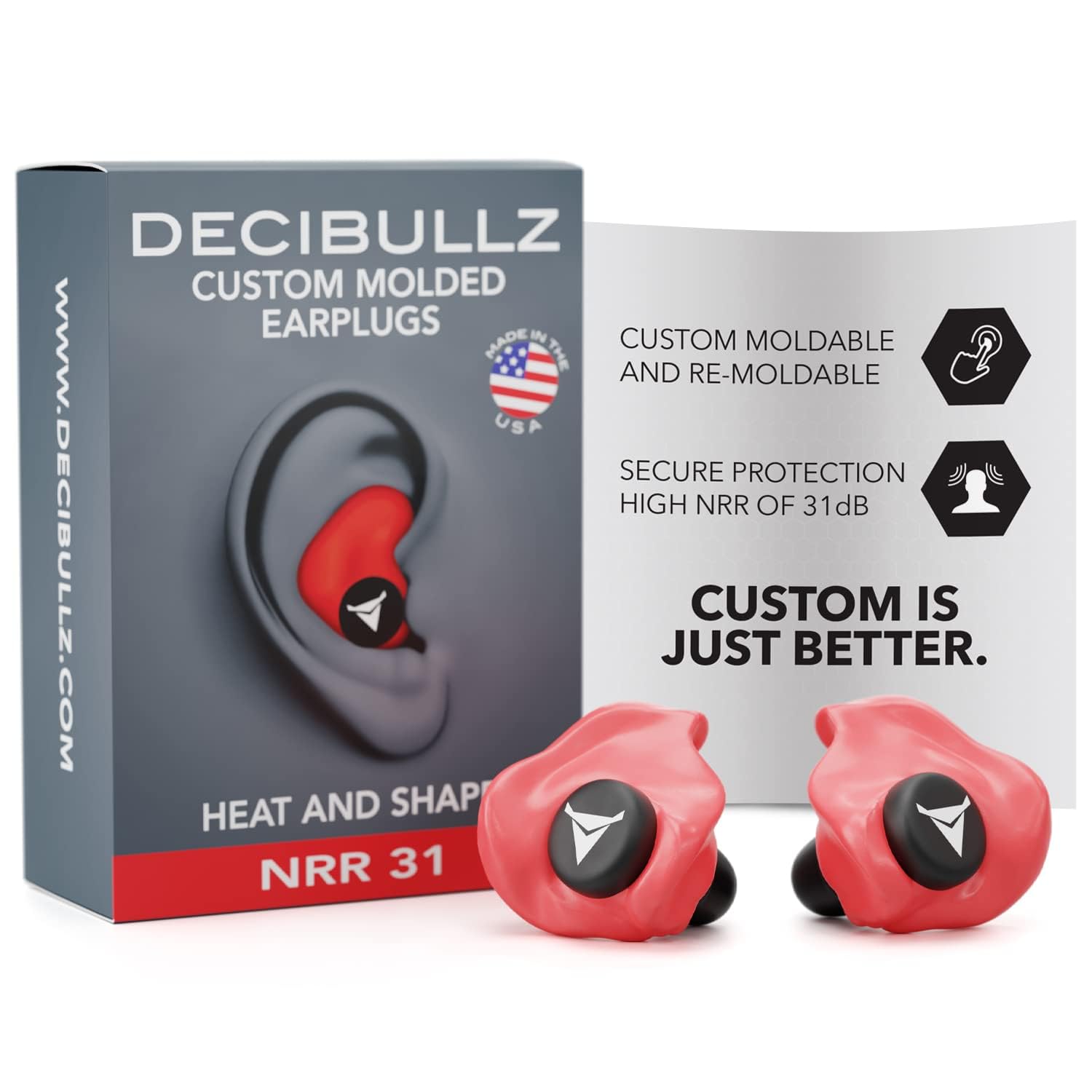 Decibullz - Custom Molded Earplugs, 31dB Highest NRR, Comfortable Hearing Protection for Shooting, Travel, Swimming, Work and Concerts (Red)