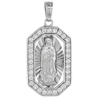 3/4 inch Sterling Silver Cubic Zirconia Our Lady of Guadalupe Necklace Micropave Octagon Frame Rhodium Finish 16-24 inch