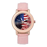 Angry American Flag Skull Womens Watch Round Printed Dial Pink Leather Band Fashion Wrist Watches