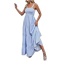 Womens Stripes Square Neck Smocked Cami Dresses Summer Layered Ruffle Sleeveless Flowy Boho Maxi Cocktail Dress