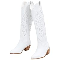Ouepiano Cowboy Boots for Women Knee High Wide Calf Cowgirl Boots Embroidered Chunky Heels Pointed Toe Long Tall Western Boot Pull On