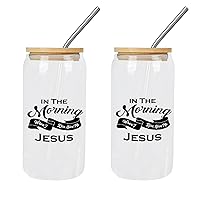 2 Pack Glass Jars with Bamboo Lids in The Morning When I Rise, Give Me Jesus Glass Cup Drinking Glasses Mothers Day Gifts Cups Great For For Iced Coffee Cocktail Tea Juice