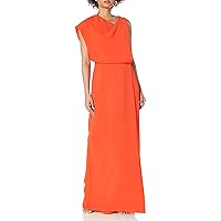 HALSTON Women's Asymmetric Tucked Drape Stretch Crepe Bodice Gown with Overlay