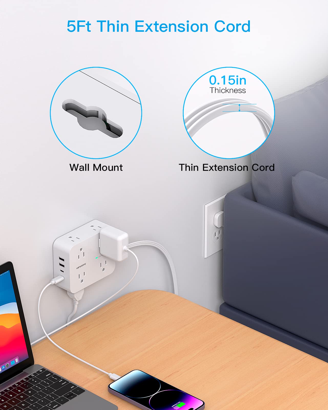 Flat Extension Cord, 5 Ft Ultra Thin Flat Plug Power Strip Surge Protector, 8 Widely Outlet Extender 4 USB Ports(2USB C),1080J Multi Plug Outlet Wall Mount for Home Office Dorm Room Travel Essentials