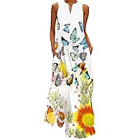 Summer Dresses for Women 2024 Sexy Notch V Neck Sleeveless Maxi Dress Floral Beach Loose Flowy Sundress Gowns with Pockets