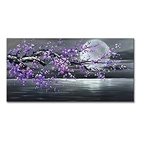 Large Purple Plum Blossom Wall Art Flower Painting on Canvas Black and White Seascape Artwork for Bedroom