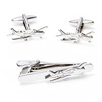 Airplane Cessna Plane Pilot Pair of Cufflinks and Tie Bar Clip with a Presentation Gift Box