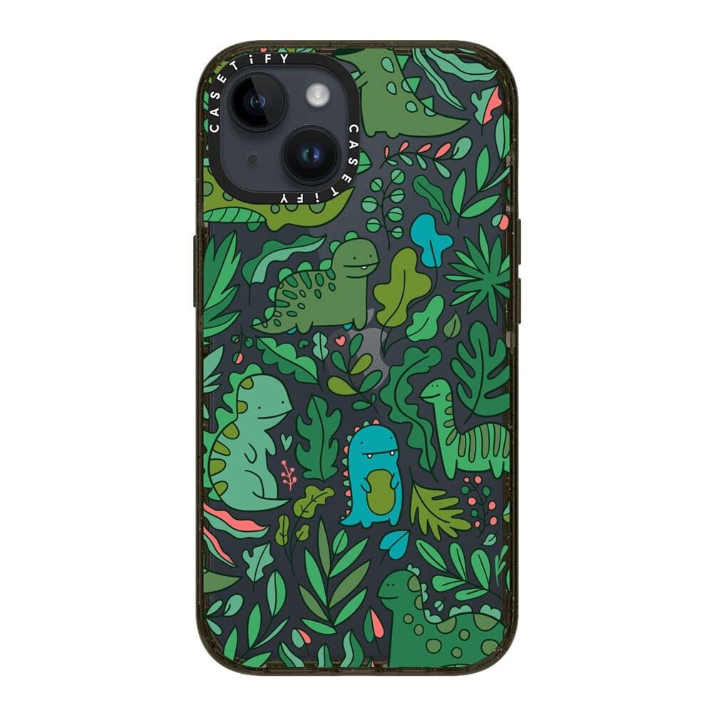 CASETiFY Impact iPhone 14 Case [4X Military Grade Drop Tested / 8.2ft Drop Protection] - Funny Green Dinos. Cute Dinosaurs - Glossy Black