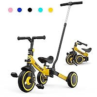 7-in-1 Toddler Tricycle with 5-Height Parent Steering Push Handle for 1-5 Years Old, Foldable Kids Trike, Toddler Bike with Wheel Clutch, Larger Wheels, Removable Pedals, Height Adjustable Seat