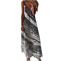 Vintage Marble Print Beach Sundress Women Summer Vacation Maxi Dresses 2024 Spaghetti Strap V Neck A-Line Dress