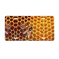 Bee On Honeycomb Print License Plate 6 x 12 in Aluminum Metal License Plate Cover Personalized Waterproof Front License Plate Car Tag for Any Vehicle
