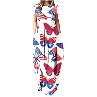 Women's Short Sleeve Maxi Dress 4th of July American Flag Casual Summer Dresses Crewneck Loose Beach Long Dress with Pocket
