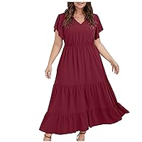 Women's Summer Plus Size Boho Dress Casual Loose Plain Flutter Short Sleeve Ruffle Tiered Flowy A Line Maxi Dresses Wine