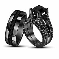 1.50Ct Round Cut Black Diamond 925 Sterling Silver 14K Black Gold Over Diamond Wedding Band Engagement Bridal Trio Ring Set for Him & Her
