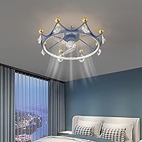 Crystal Fans with Ceiling Lights 3 Speed Kids Crown Silent Fan with Remote Control Led Dimmable Ceiling Lights with Timer for Bedroom Living Room Dining Room Fan Lighting/Blue