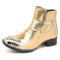 Men Gold Chelsea Boots Inner Zipper Metal Round Toe Block Heel Strap Buckle Premium Genuine Leather Fashion Classic Men's Boots