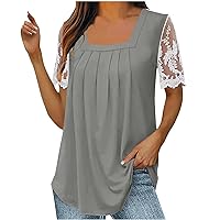 Women Square Neck Blouse Lace Short Sleeve Pleated Tops Loose Fit Hide Belly Blouse Dressy Casual Tunic Shirts