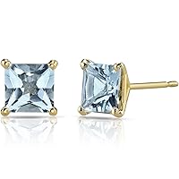 Peora Solid 14K Yellow Gold Aquamarine Stud Earrings for Women, Genuine Gemstone Birthstone Solitaire, Hypoallergenic Princess Cut, 6mm, 1.75 Carats total, Friction Back