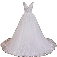 Princess Ball Gown Wedding Dress V Neck Lace Applique Bride Dress lace up with Long Train AL-VS-240116