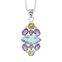 Multi-Gemstone Pendant Necklace in 925 Silver With Cable Chain For Women and Girls, Choice of Gemstone